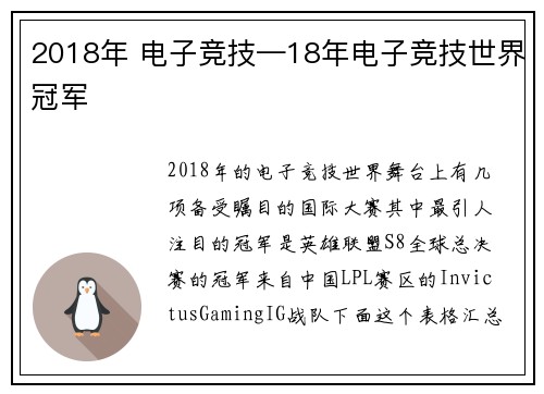 2018年 电子竞技—18年电子竞技世界冠军